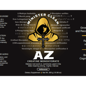 Black creatine supplement label with logo